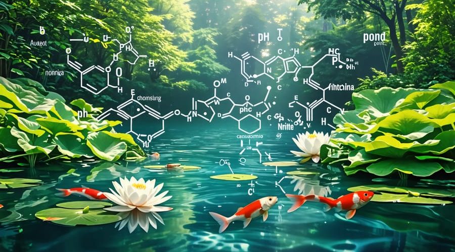 A crystal-clear pond with vibrant fish and floating water lilies, surrounded by lush greenery, symbolizing the balanced chemistry needed for a healthy pond ecosystem.