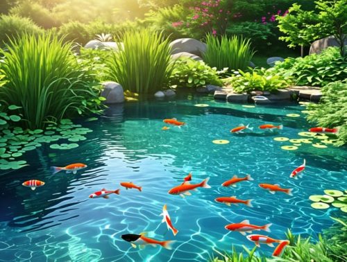 A beautifully maintained pond with clear water, vibrant fish, and lush aquatic plants, illustrating effective water circulation and oxygenation.