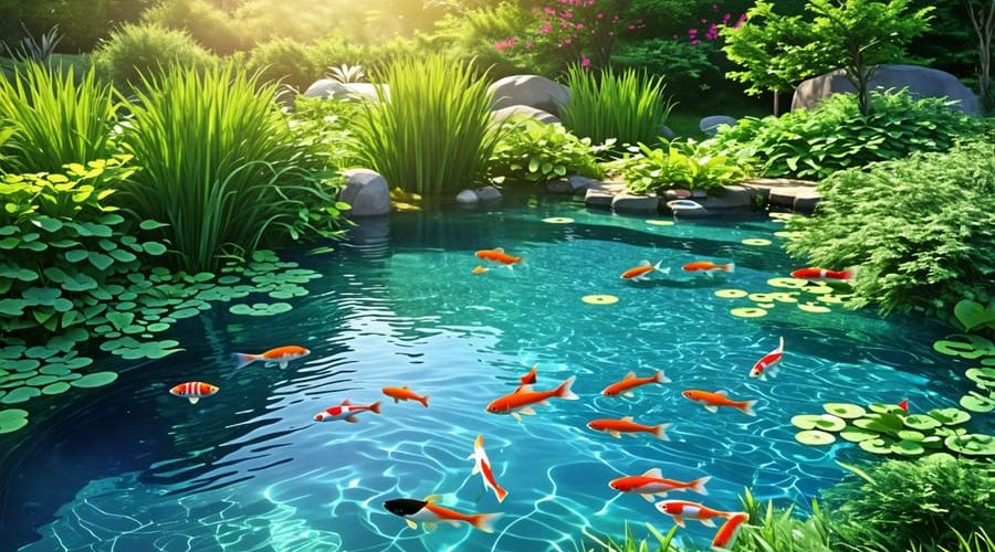 A beautifully maintained pond with clear water, vibrant fish, and lush aquatic plants, illustrating effective water circulation and oxygenation.