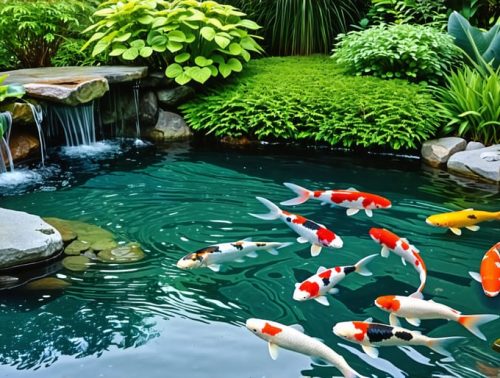 A clear and tranquil small pond with koi fish, surrounded by greenery, showcasing a well-integrated pond filter and pump system.