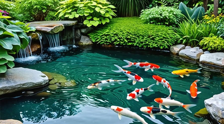 A clear and tranquil small pond with koi fish, surrounded by greenery, showcasing a well-integrated pond filter and pump system.