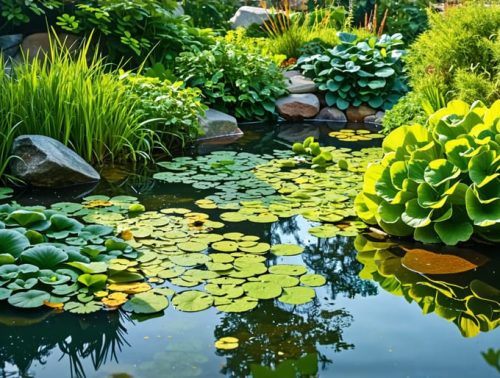 A backyard pond with clear water and diverse aquatic plants, reflecting a tranquil, self-sustaining ecosystem.