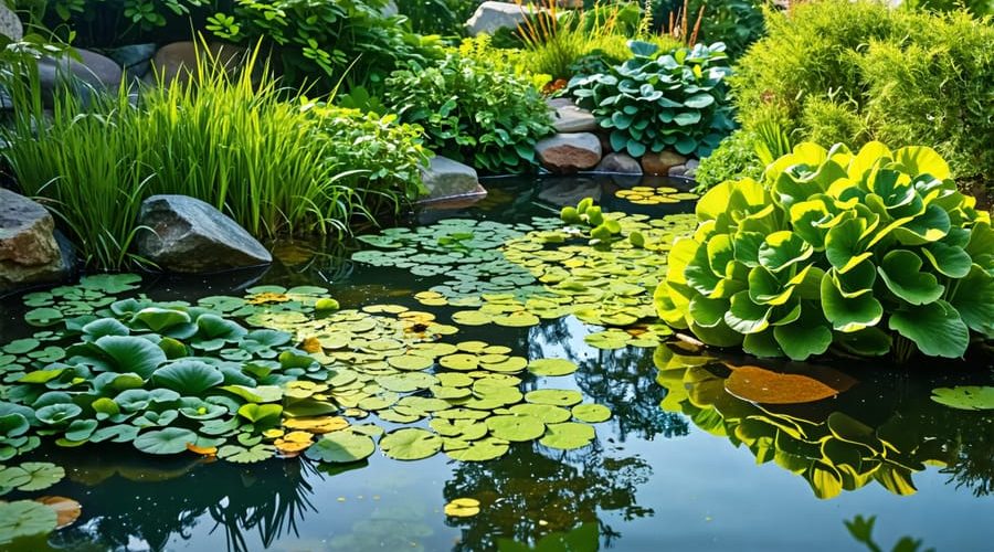 A backyard pond with clear water and diverse aquatic plants, reflecting a tranquil, self-sustaining ecosystem.