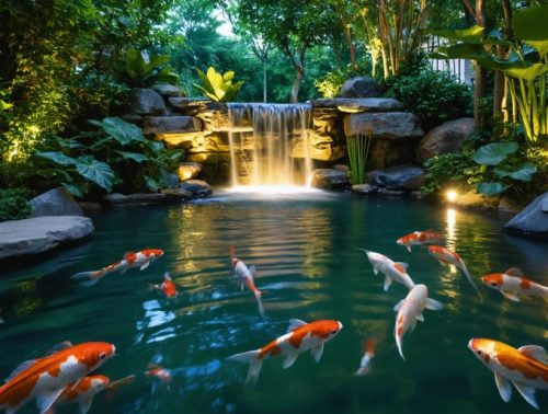 A stunning night view of a koi pond, elegantly lit with soft LED lights that accentuate a waterfall and create a glowing ambiance, while fish glide gracefully underneath the illuminated waters.