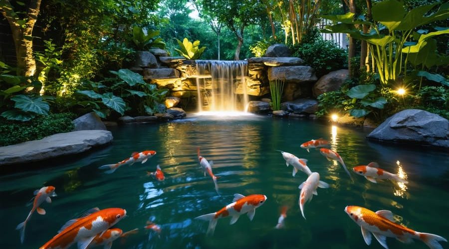 A stunning night view of a koi pond, elegantly lit with soft LED lights that accentuate a waterfall and create a glowing ambiance, while fish glide gracefully underneath the illuminated waters.