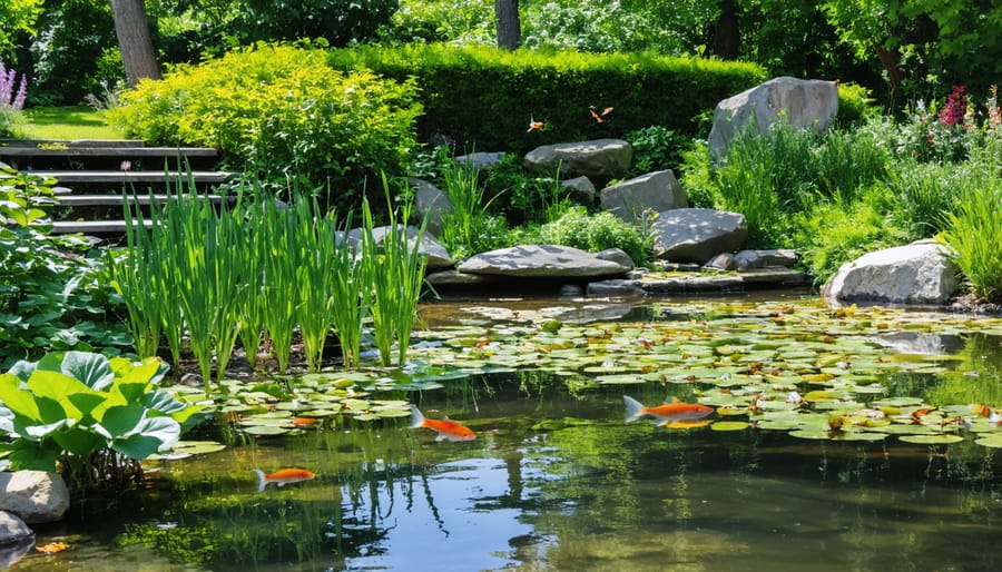 Illustration of a healthy backyard pond ecosystem