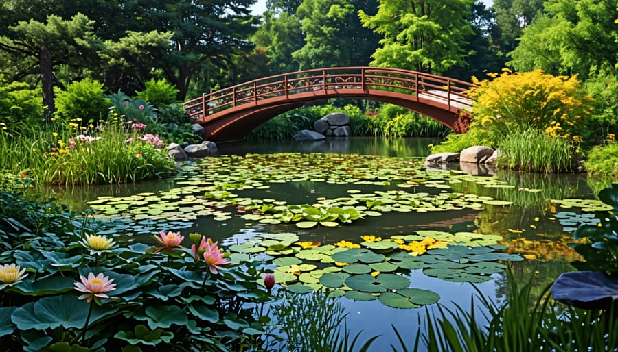 Pond showcasing a variety of eco-friendly aquatic plants and a wooden bridge