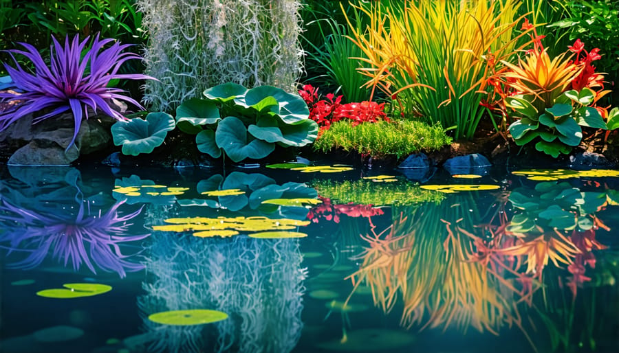 Assorted healthy aquatic plant species in a lush, biodiverse pond ecosystem