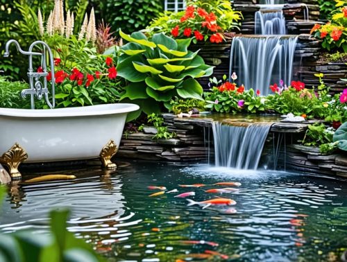 A tranquil backyard pond with a cascading waterfall, surrounded by lush greenery and vibrant aquatic plants, showcasing a creative DIY design with a repurposed clawfoot bathtub pond feature.