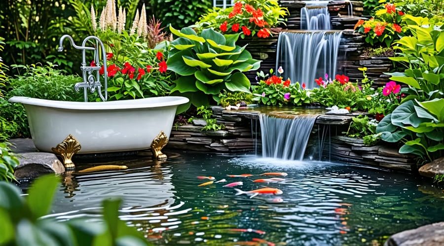 A tranquil backyard pond with a cascading waterfall, surrounded by lush greenery and vibrant aquatic plants, showcasing a creative DIY design with a repurposed clawfoot bathtub pond feature.