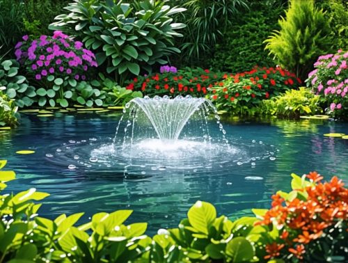 A picturesque pond with a bubbling aeration system enhancing the aquatic environment, surrounded by vibrant plants and clear water.