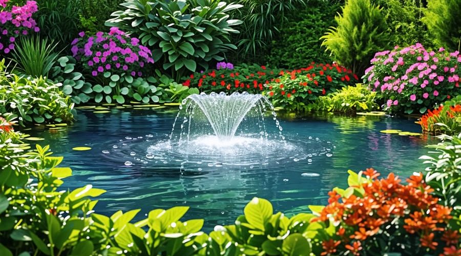 A picturesque pond with a bubbling aeration system enhancing the aquatic environment, surrounded by vibrant plants and clear water.