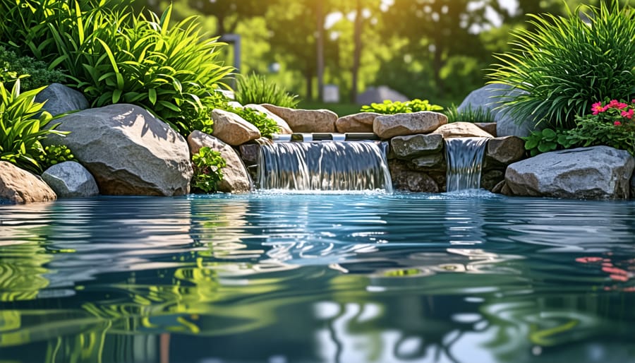 Series of images showing the installation and testing of a DIY pond filtration system