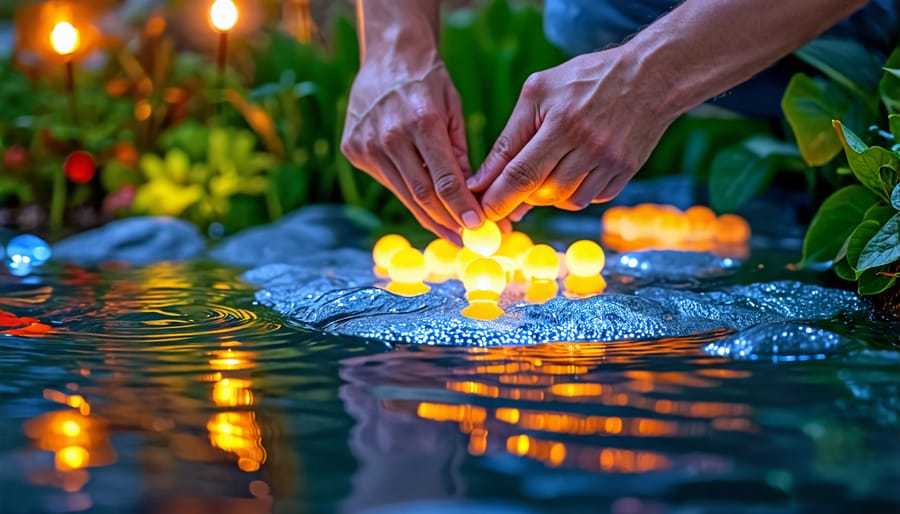 Individual installing floating pond lights as a part of a DIY project