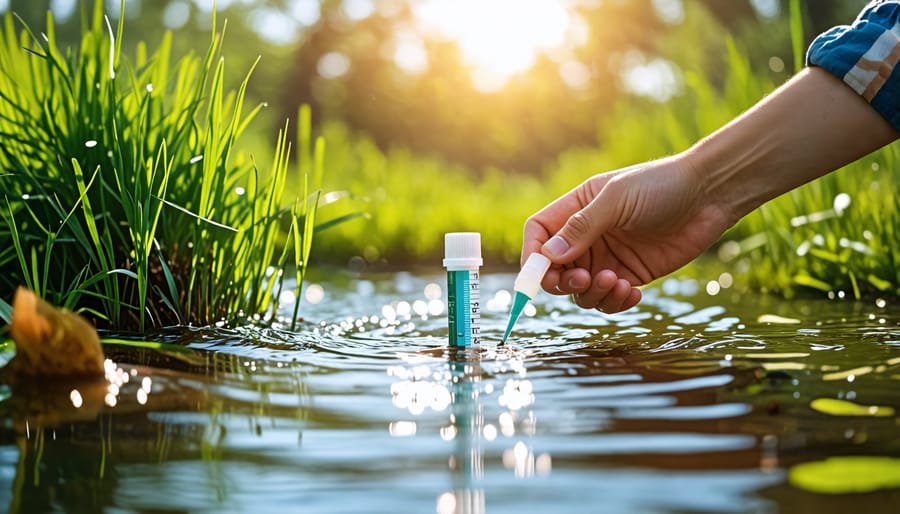 Hands holding a pond water test kit and sample, demonstrating DIY testing