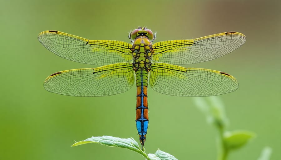 Vibrant dragonfly resting on vegetation at edge of pond