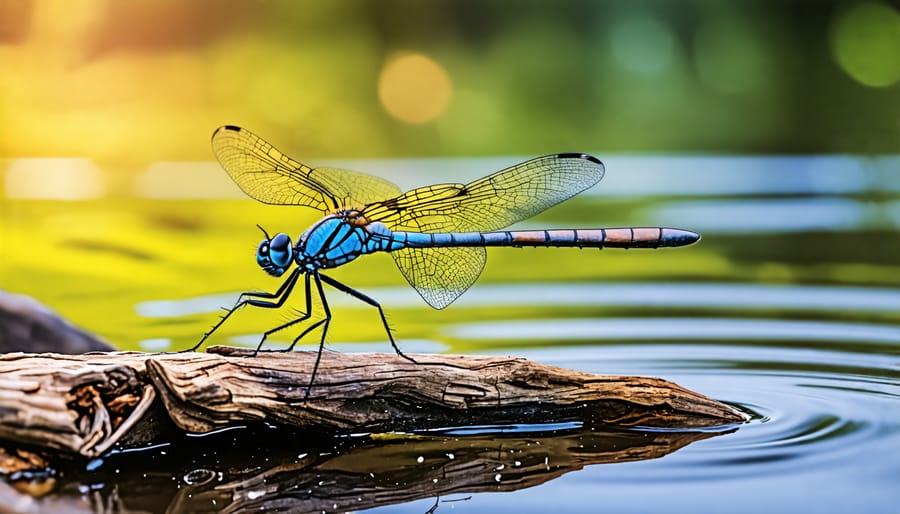 Dragonfly resting on driftwood at pond's edge, showcasing the attraction of natural materials to wildlife