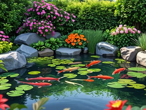 A picturesque backyard pond with colorful aquatic plants and fish gliding through the clear water, surrounded by natural garden elements, exemplifying a calm and harmonious garden setting.