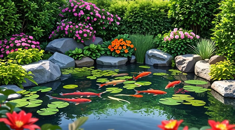 A picturesque backyard pond with colorful aquatic plants and fish gliding through the clear water, surrounded by natural garden elements, exemplifying a calm and harmonious garden setting.