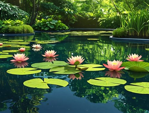 A tranquil pond adorned with colorful water lilies and sacred lotus flowers, surrounded by a variety of floating and submerged aquatic plants.