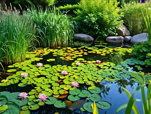 A serene backyard pond showcasing various floating and submerged aquatic plants, surrounded by lush greenery and framed by cattails and papyrus.