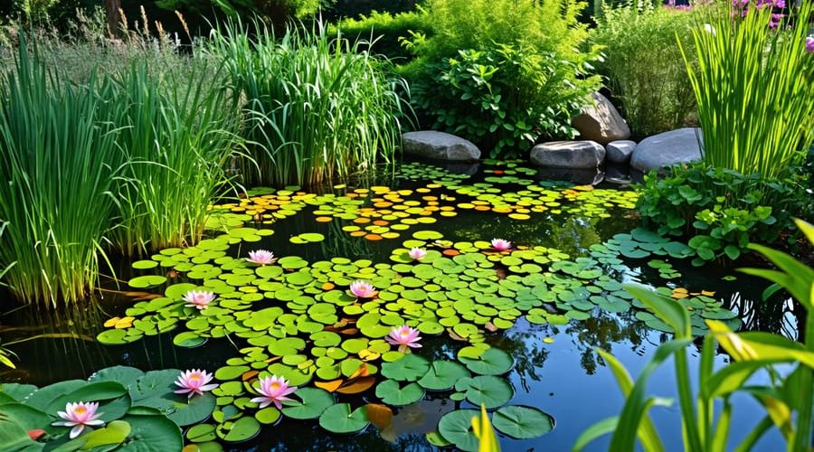 A serene backyard pond showcasing various floating and submerged aquatic plants, surrounded by lush greenery and framed by cattails and papyrus.