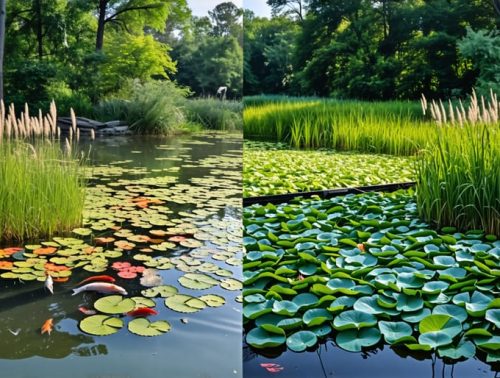 A split image showing a healthy pond with native plants and wildlife contrasted with a pond overrun by invasive aquatic plants, demonstrating the impact of invasive species.