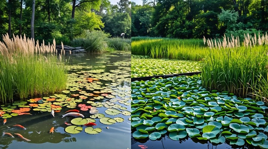 A split image showing a healthy pond with native plants and wildlife contrasted with a pond overrun by invasive aquatic plants, demonstrating the impact of invasive species.