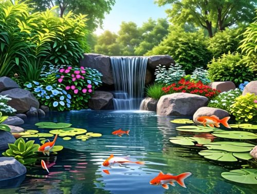 "A serene backyard garden pond with a small waterfall, surrounded by lush greenery and colorful plants, creating a tranquil and picturesque outdoor retreat."