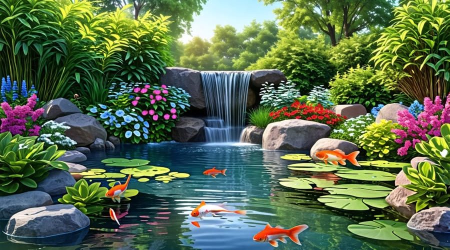 "A serene backyard garden pond with a small waterfall, surrounded by lush greenery and colorful plants, creating a tranquil and picturesque outdoor retreat."