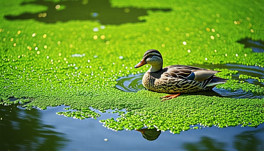 Duckweed providing shade and sustenance in a pond ecosystem