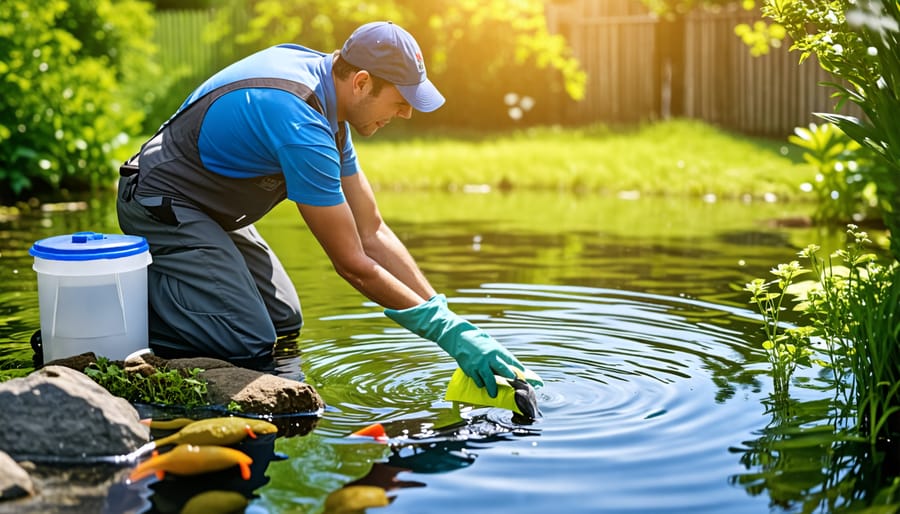 Demonstration of simple pond filter maintenance for optimal performance