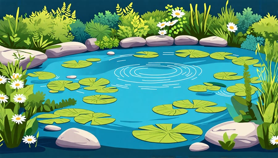 Illustration showing techniques to minimize pollution in a water garden environment