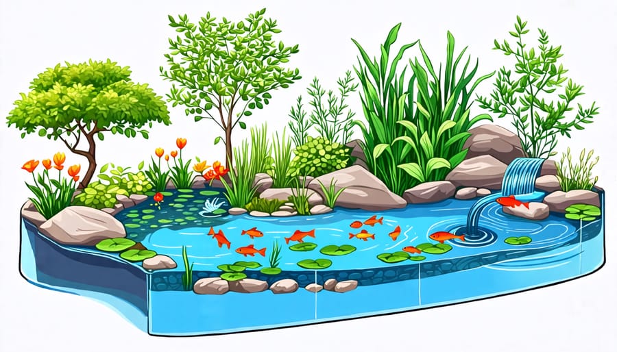 Illustrative diagram depicting the essential elements of an ecosystem pond setup