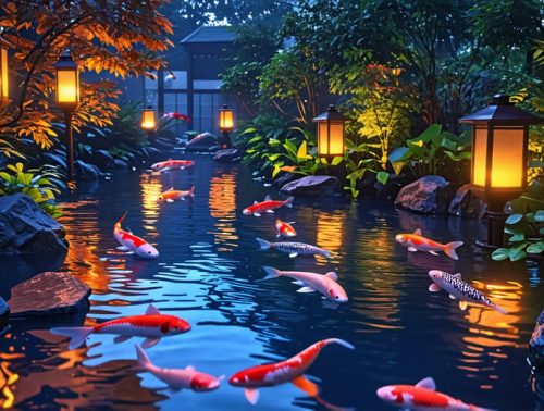 A beautifully illuminated koi pond at dusk with colorful underwater LED lights highlighting koi fish, surrounded by floating lanterns and softly-lit garden paths.