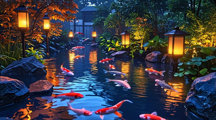 A beautifully illuminated koi pond at dusk with colorful underwater LED lights highlighting koi fish, surrounded by floating lanterns and softly-lit garden paths.