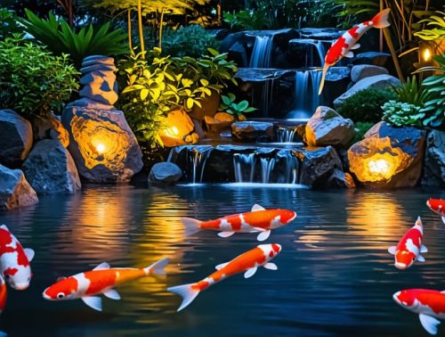 A beautifully lit koi pond at night featuring vibrant koi fish swimming amidst gently glowing submersible and floating lights. Garden greenery and decorative elements are subtly illuminated, creating a serene and magical atmosphere.