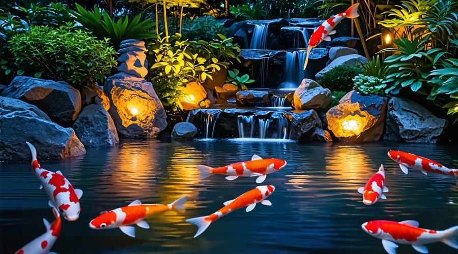 A beautifully lit koi pond at night featuring vibrant koi fish swimming amidst gently glowing submersible and floating lights. Garden greenery and decorative elements are subtly illuminated, creating a serene and magical atmosphere.