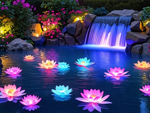 A tranquil koi pond illuminated at night with colorful LED lights, floating lanterns, and spotlight-lit waterfall surrounded by lush greenery, creating a magical and inviting outdoor atmosphere.