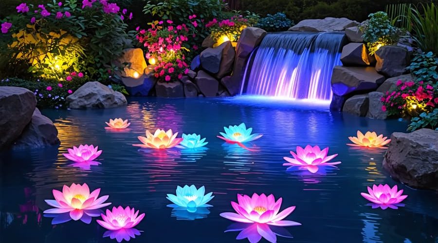 A tranquil koi pond illuminated at night with colorful LED lights, floating lanterns, and spotlight-lit waterfall surrounded by lush greenery, creating a magical and inviting outdoor atmosphere.