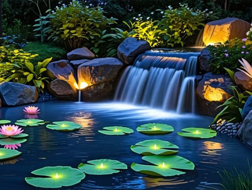 A tranquil garden pond at night, beautifully illuminated with submersible spotlights, solar-powered perimeter lights, and whimsical floating lily pad lights, creating a magical and serene landscape.