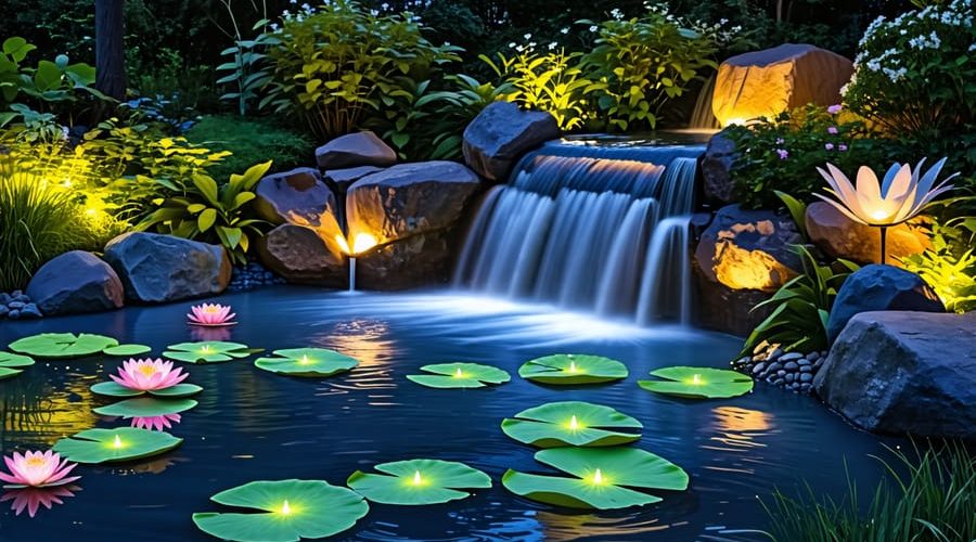 A tranquil garden pond at night, beautifully illuminated with submersible spotlights, solar-powered perimeter lights, and whimsical floating lily pad lights, creating a magical and serene landscape.