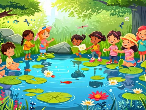 Preschool children engaging in various activities by a pond, observing aquatic creatures, and creating crafts, while surrounded by vibrant pond life like frogs, dragonflies, and fish.