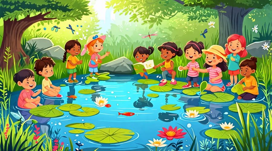 Preschool children engaging in various activities by a pond, observing aquatic creatures, and creating crafts, while surrounded by vibrant pond life like frogs, dragonflies, and fish.