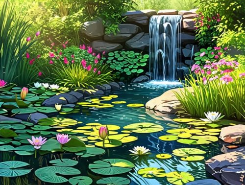 A picturesque small garden pond with water lilies and reeds, surrounded by lush greenery and showcasing a gentle waterfall under sunlight.