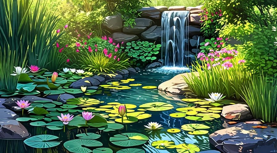 A picturesque small garden pond with water lilies and reeds, surrounded by lush greenery and showcasing a gentle waterfall under sunlight.