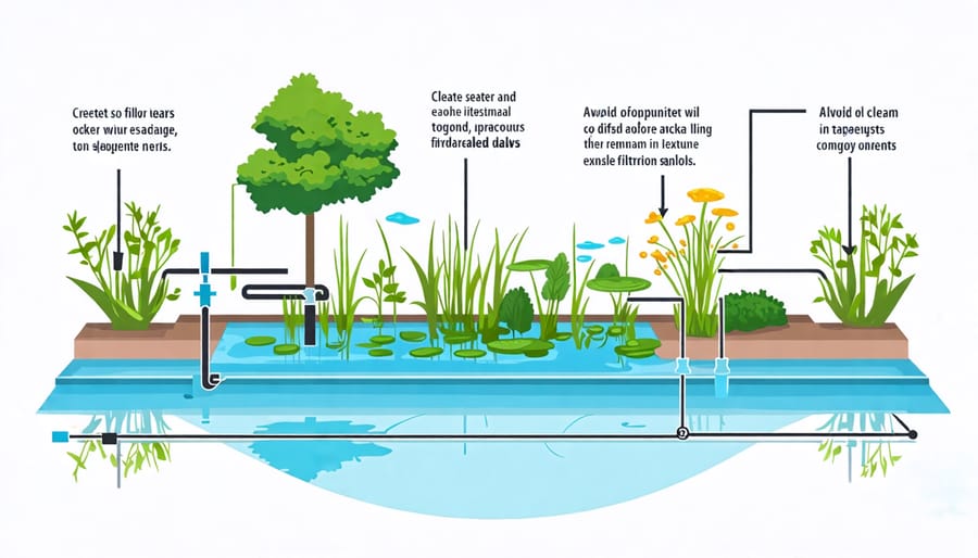 Diagram highlighting pumps and filter media in a pond filtration setup