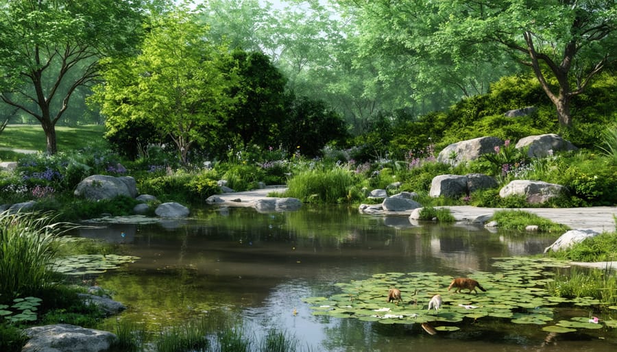 Thriving backyard wildlife pond with diverse aquatic plants and visiting fauna