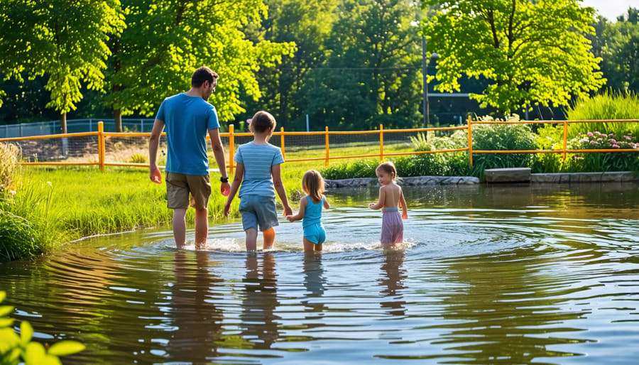 A family safely enjoying their backyard pond with a protective fence enclosure