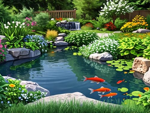 A beautifully crafted farm pond, surrounded by lush greenery and aquatic plants, with vibrant fish swimming through the clear water, in a tranquil and inviting setting.